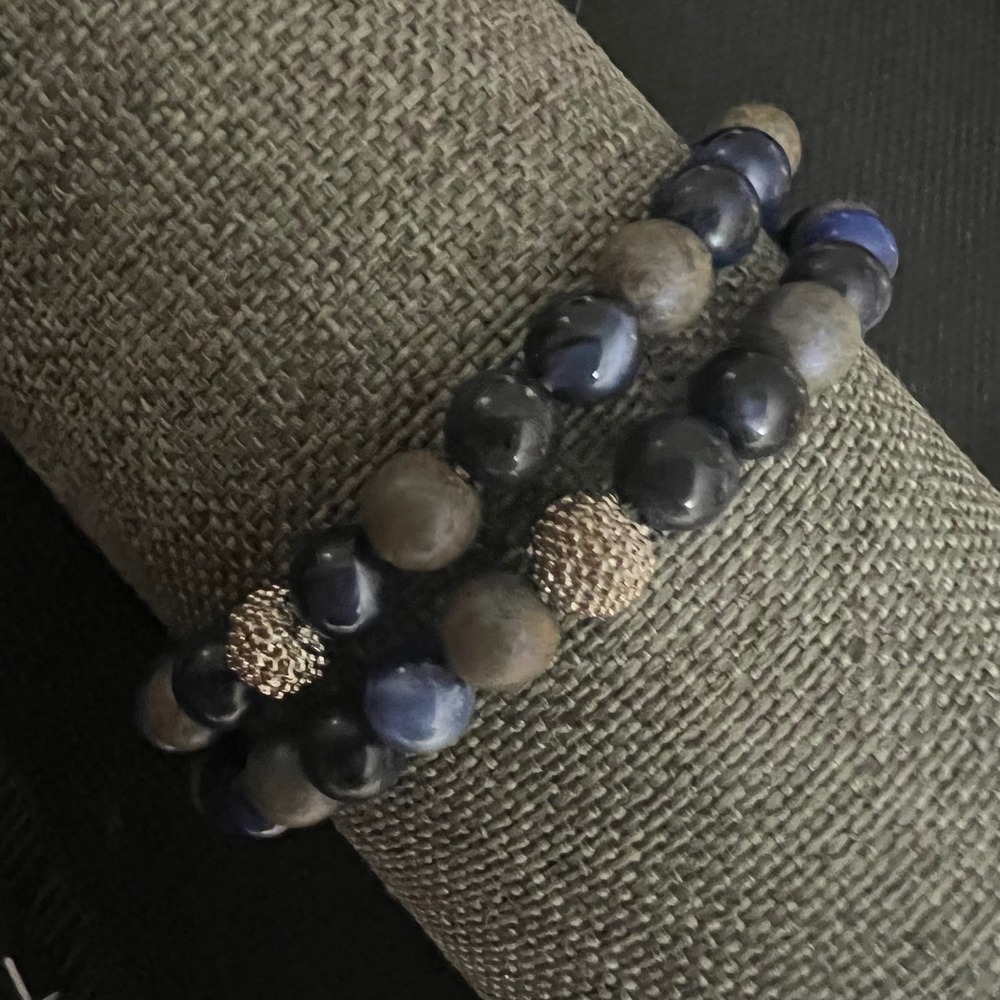 Vtg Monet Blue Grey Double Strand Beaded Bracelet Silver Tone 7.75" Dk Academia